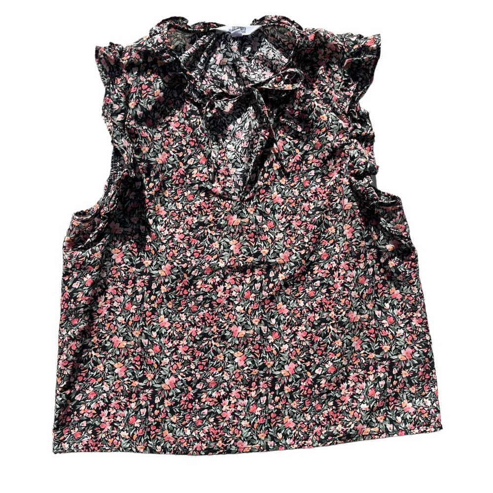 BB Dakota Steve Madden Women Medium Black Orange Floral Ruffle Sleeveless Blouse